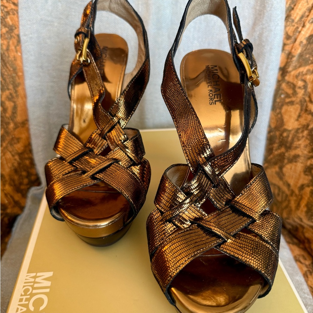 Michael Kors Metallic Bronze Woven Leather Platform Heels